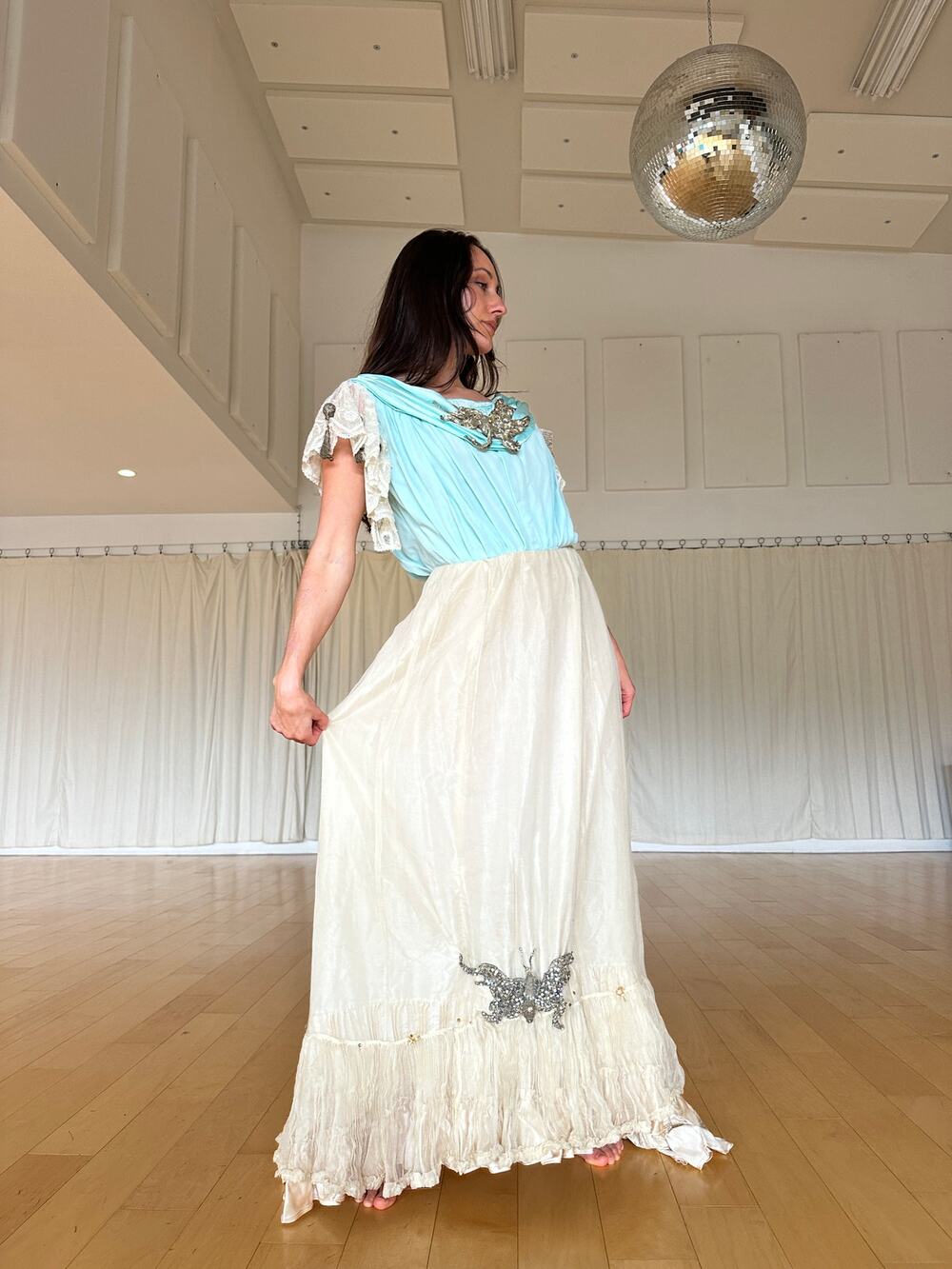 Women's Large Gown Aqua Ecru Silk Ball Gown Star Fish Rhinestone Ornaments 1905